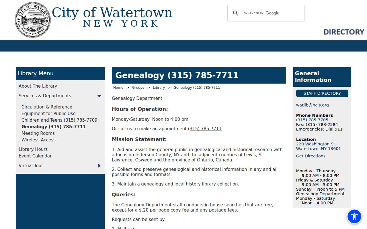 Town of Le Ray residents directory Flower Memorial Library genealogy service