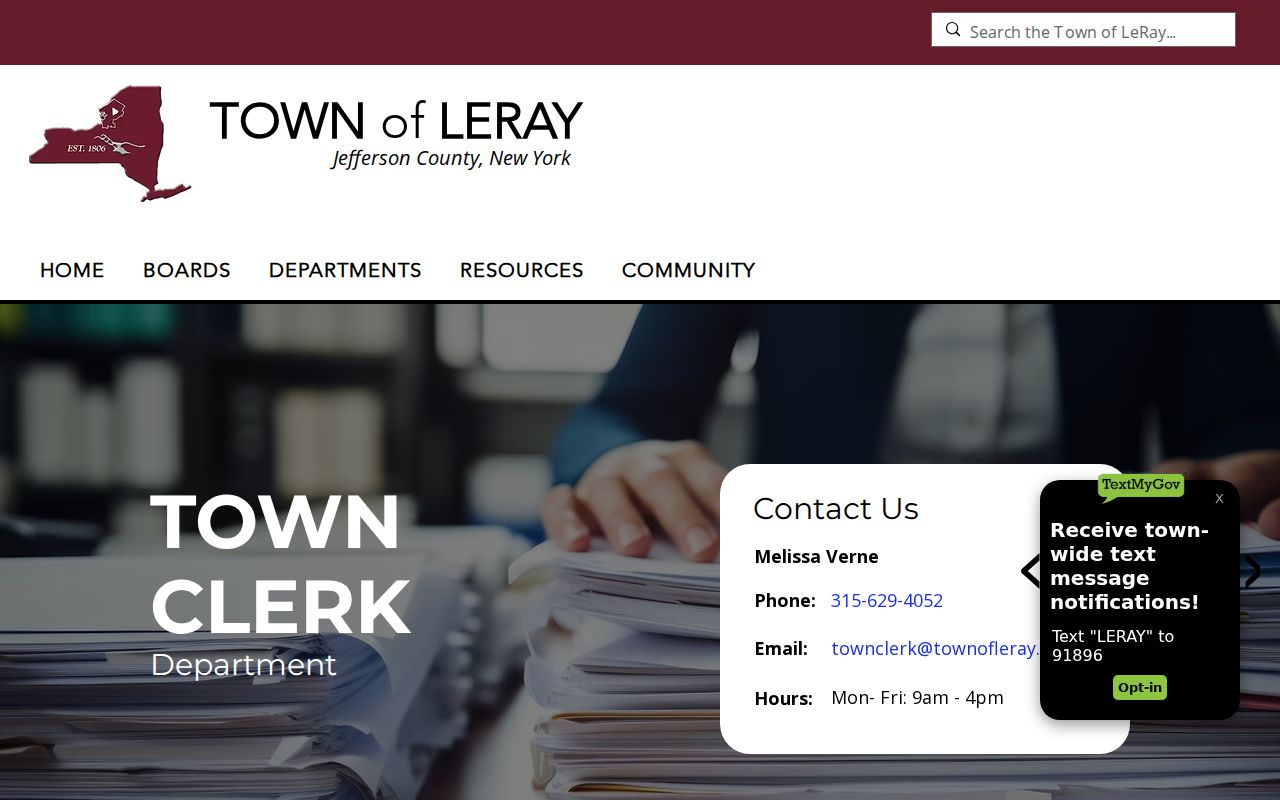 Town of Le Ray residents directory Town Clerk records page