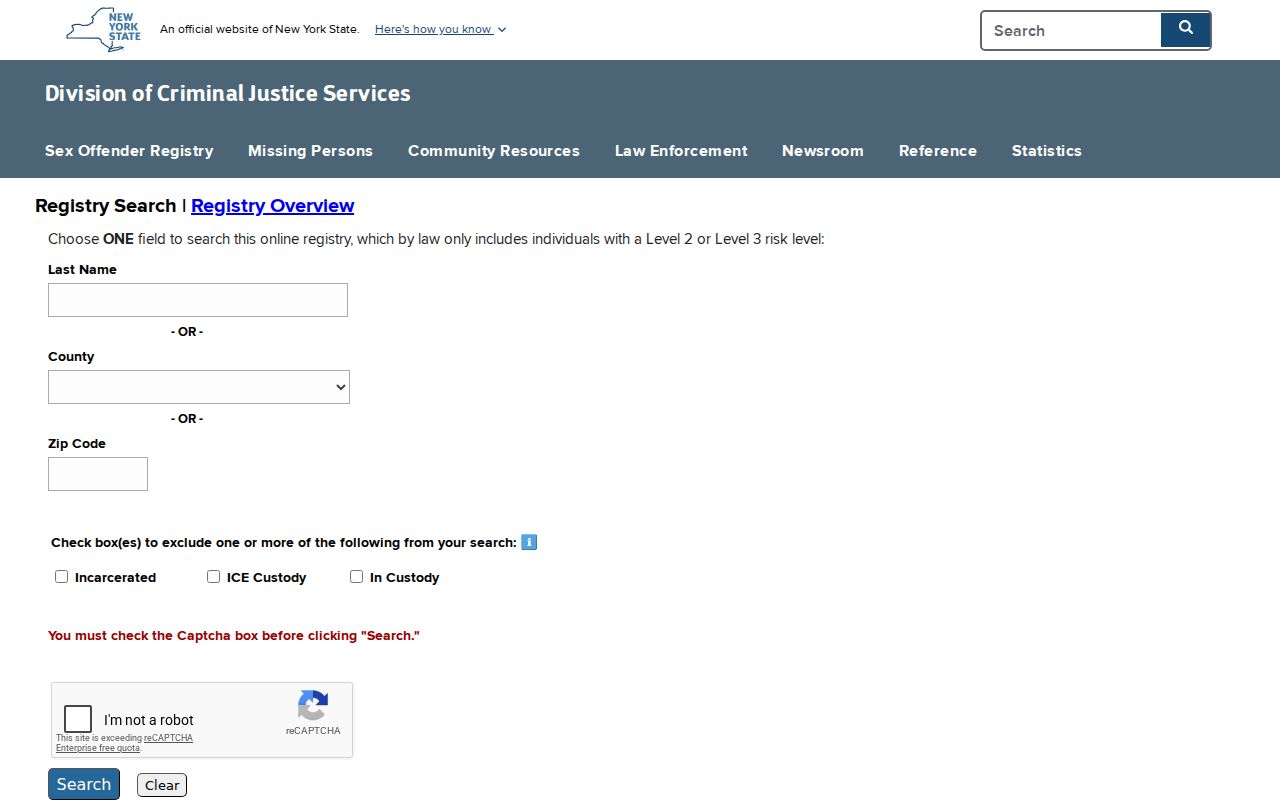 Town of Le Ray resident lookup view of the New York official registry search and misuse notice
